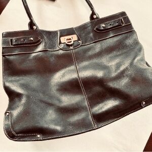LIZ CLAIBORNE Bag Leather Dark Brown Topstitching, Suede Interior Exc